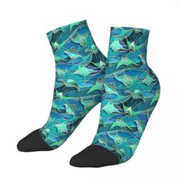 Chaussettes pour hommes Patchwork Rayons Manta en bleu sarcelle et vert jade cheville mâle hommes femmes bas d'été polyester