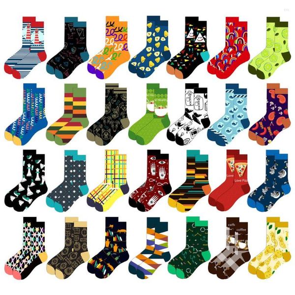 Chaussettes homme Peonfly paire 1 homme heureux rayé Plaid Fruit Animal bière hommes coton peigné Calcetines Largos Hombre