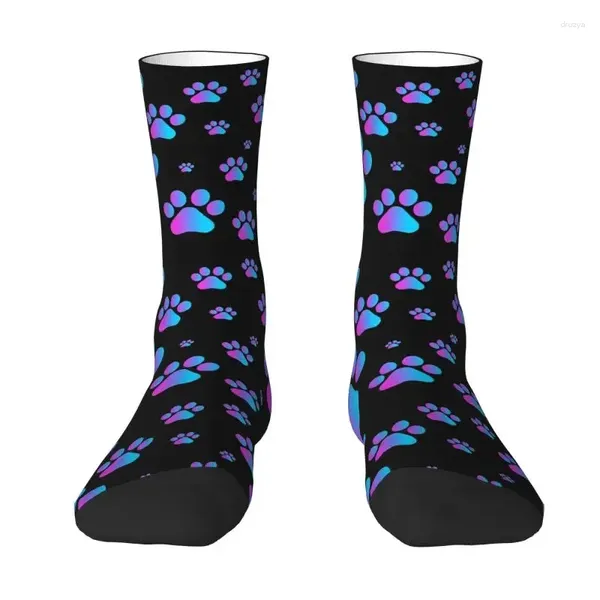 Chaussettes pour hommes violet bleu motif pattes de chien robe hommes femmes chaud drôle nouveauté équipage