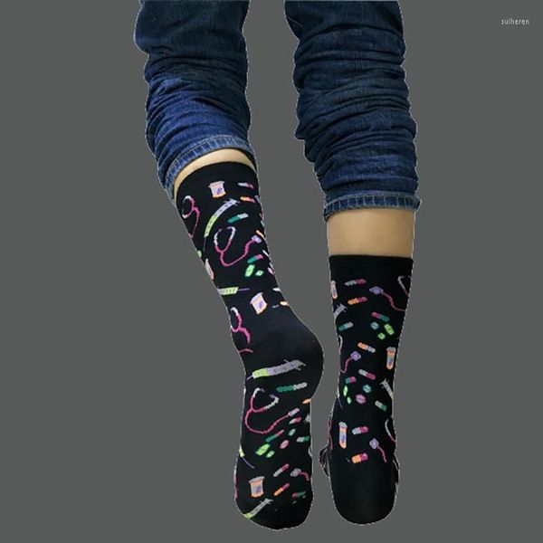 Calcetines para hombre Q para mujer que absorben el sudor estilo europeo transpirable algodón medio tubo negro dibujos animados lindo divertido feliz Kawaii hombres