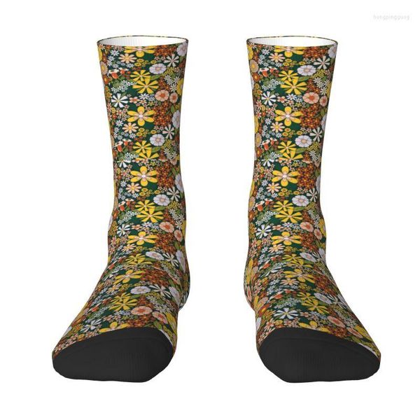 Calcetines de hombre Retro 70s Verde Hippie Patrón de flores Crew Unisex Lindo vestido de impresión 3D