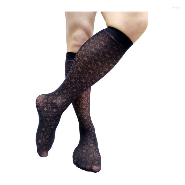 Calcetines para hombres Ver a través de los hombres Negro Floral Rodilla Alto Softy Vestido divertido Traje Formal Lencería sexy Medias Tubo largo Manguera de negocios