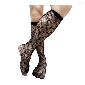 Chaussettes pour hommes Sexy noir Floral maille hommes robe formelle costumes Long Tube genou haut voir à travers bas Lingerie homme affaires