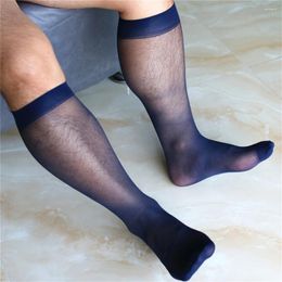 Calcetines para hombres sexy para hombre elástico de punta de rayas anchas de color transparente. Medillas gay de mariquita de seda sin costura