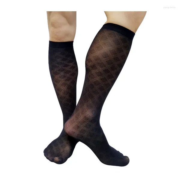 Chaussettes pour hommes pure mince Softy hommes robe costume formel Sexy voir à travers noir Plaid bas genou haut Long Tube tuyau