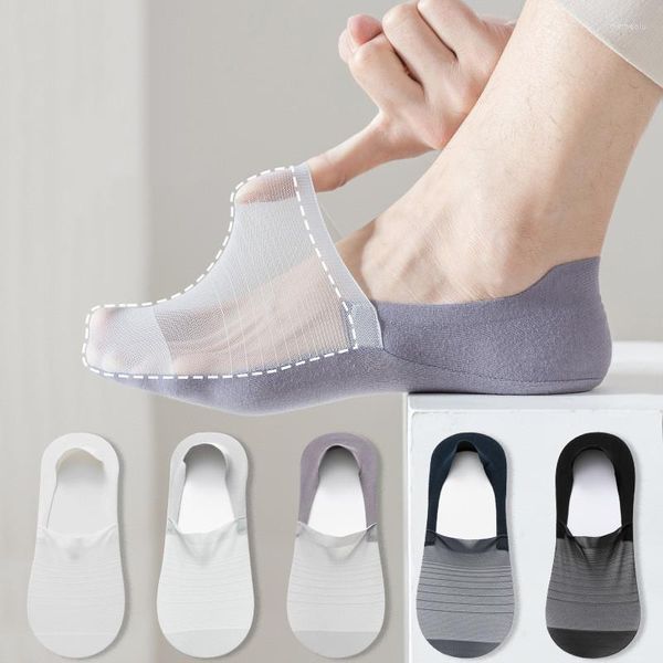 Chaussettes en Silicone antidérapantes pour hommes, coupe basse, pantoufles d'été Ultra-fines en soie glacée, ajourées, respirantes, invisibles, sans spectacle