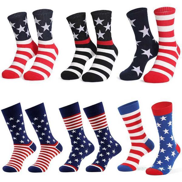 Chaussettes pour hommes chaussettes bonneterie drapeau de la fête de l'indépendance américaine couleur rayé mi-longueur Football hommes chaussettes de sport4uy0