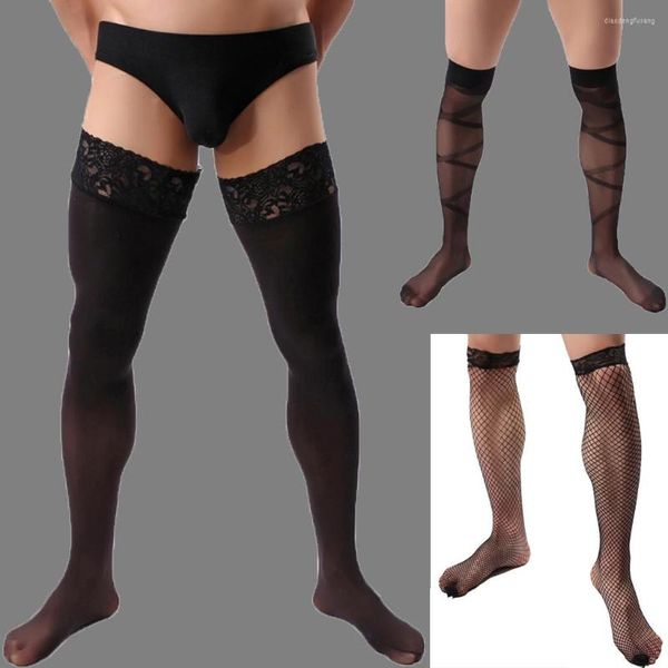 Chaussettes pour hommes bas femme médias érotiques Sexy hommes Long Stock dentelle bas Transparent Ultra-mince sous-vêtements Lingerie