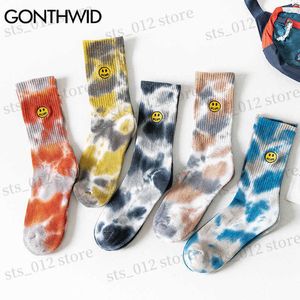 Chaussettes pour hommes Streetwear broderie sourire visage cravate colorant Hip Hop hommes femmes Harajuku mode décontracté coton chaussette T230512