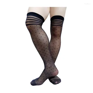 Chaussettes pour hommes, cuissardes hautes, ultra fines, longues, transparentes, sexy, bas, lingerie, nylon doux, soie, noir