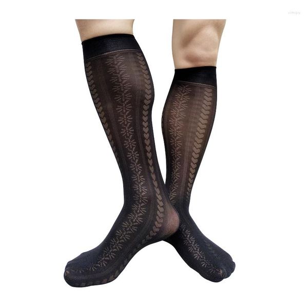 Calcetines de hombre Thin Sheer Black Mens Long Tube See Through Summer Knee High Formal Business Dress Suit Lencería sexy Stocking