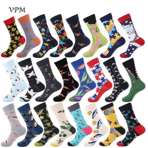 Calcetines de los hombres VPM algodón peinado calcetines de los hombres Harajuku colorido feliz divertido oso pescado largo vestido cálido calcetines para hombre boda regalo de Navidad T221011