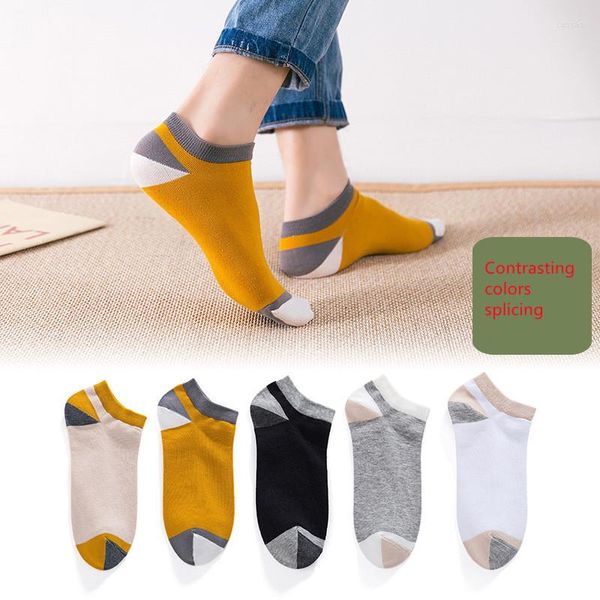 Calcetines para hombre, venta al por mayor, 5 pares de costuras, Color de contraste, algodón para hombre, transpirable, absorbente de sudor, barco Invisible