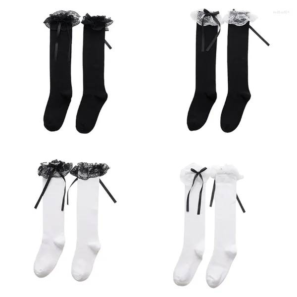 Chaussettes pour hommes Femmes Filles Coton Genou Haute Longue Dentelle Douce Garniture Bowknot Bas Japonais Cosplay Bonneterie