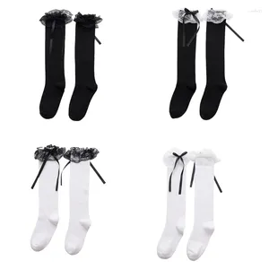 Calcetines para hombres Mujeres Niñas Lolita Algodón Rodilla Alto Largo Dulce Volantes Encaje Trim Bowknot Japonés Kawaii Medias Cosplay Medias