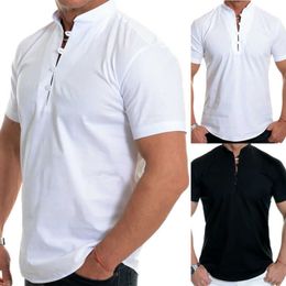 Mannen Solid Button Summer Korte Mouw Slim Fit Casual Tee T-shirts Muscle Top Daily Fashion Wear 210629
