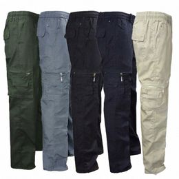 Pantalon cargo d'été élastique de couleur unie pour hommes Cott Cargo Combat Work Pantalons décontractés Style Safari Fi Streetwear R1iG #