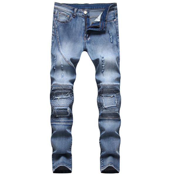 Hommes couleur unie Patchwork jean taille moyenne coupe décontractée Stretch froncé mince plissé crayon pantalon pantalon extérieur bas pour hommes