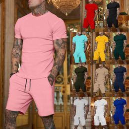 Short de couleur unie pour hommes, costume à manches courtes, T-shirt, costume de sport, ensemble deux pièces mince d'été pour hommes