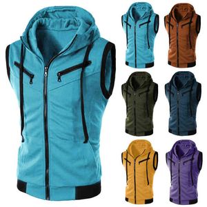 Regenboog kleding heren effen kleur rits Vest zomer hooded korte mouwen T-shirt top Casual Korte Mouwloze jas Y2301