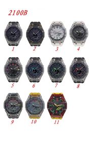 Heren sport quartz digitaal horloge Iced Out horloge afneembaar en gemonteerd waterdicht wereldtijd LED automatische handlamp 2100B eiken horloge