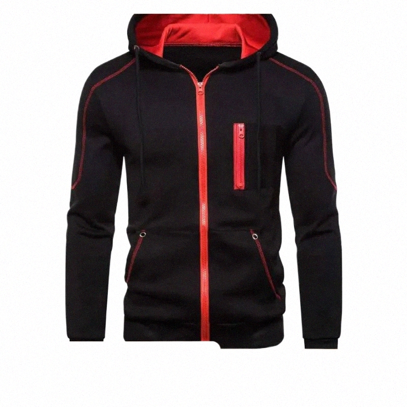 herrsports hoodie casual essential vinter blixtlås fickkläder vardag utomhus huva tröja svart p6z8#