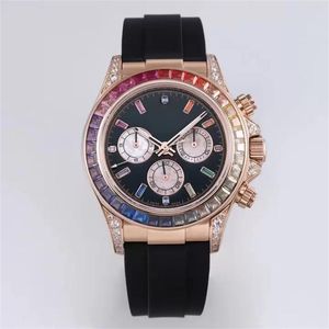 Sports mechanisch horloge voor heren, handinse diamantproces, waterdichte lichtgevende, 40 mm diameter, regenboogdiamant, modesterstijl keuze cadeau w185