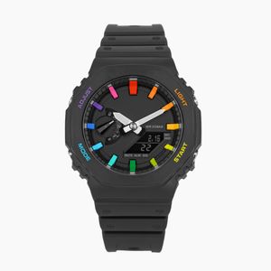Heren sport regenboog zwart digitaal quartz 2100 horloge wereldtijd volledig functionele waterdichte LED automatische hand omhoog licht eiken serie