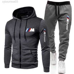 Vêtements de sport pour hommes, sweat-shirt à capuche et pantalon de survêtement, ensemble 2 pièces avec fermeture éclair, série de vêtements de marque BMW v