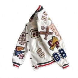 Uniforme de baseball pour hommes printemps et automne Y2K tendance veste en cuir industrie lourde broderie manteau court blanc ins vente chaude V52R #