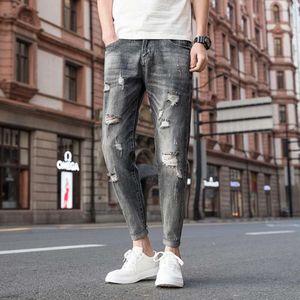 Heren Spring Distressed Cropted Jeans, Trendy Brand voor heren Losse recht passende kleine been Koreaanse versie Trendy en veelzijdige broek