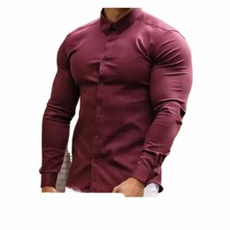 Chemises de sport pour hommes, nouvelle collection printemps-automne, coupe musculaire, travail professionnel, Anti-rides, haute élasticité, Slim, manches Lg, R1BN #