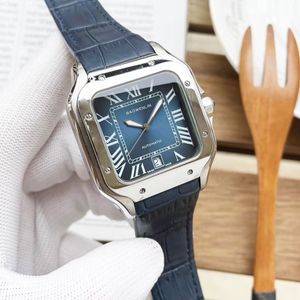 Heren vierkant automatisch horloge volledig roestvrijstalen armband koeienhuid koffie zwart donkerblauwe vlinderknop automatische kalenderweergave bakken blauwe wijzerhorloges