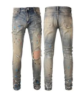 Heren stapeljeans Europees paars Jean Heren borduurwerk quilten gescheurd voor trendmerk Vintage broek Heren vouw slank mager mode Sstraight