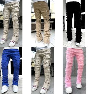 Heren Stack Jeans Paars Regular Fit Gestapeld Verontruste Vernietigde Broek Streetwear Kleding Stretch Patch Denim Rechte pijpen Jeans Amerikaanse maat 654