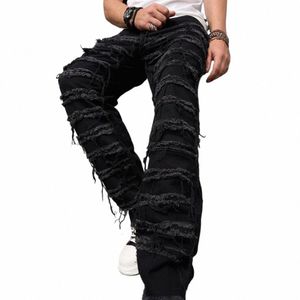 Jeans épissés empilés pour hommes Hip Hop Pantalons en denim droits Hommes Biker Jeans Streetwear Lâche Mâle Moto Denim Pantalon m3ro #