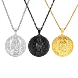 Amuleta de acero inoxidable para hombres Virgen María Collar redondo Cabina colgante Cadena Afortunadamente Joyería de 3 mm 24 pulgadas N777