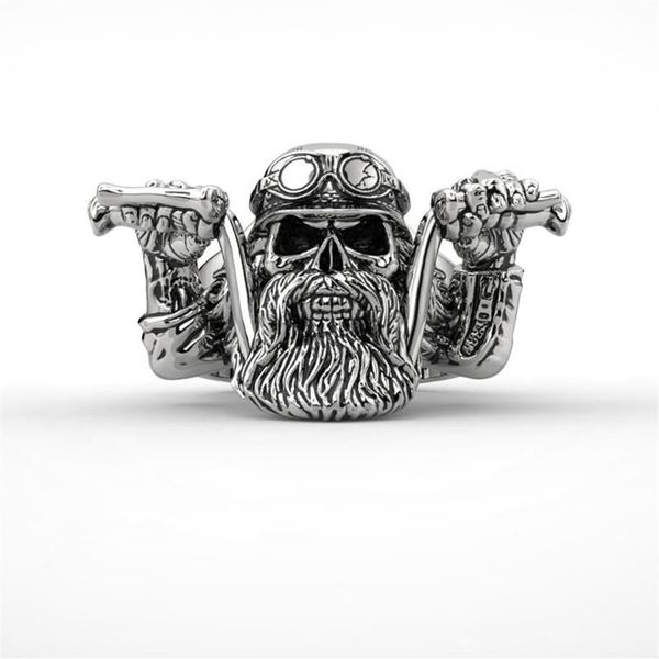 Anillo de calavera con barba Punk de acero inoxidable para hombre, anillos de banda de motociclista para motocicleta 241E