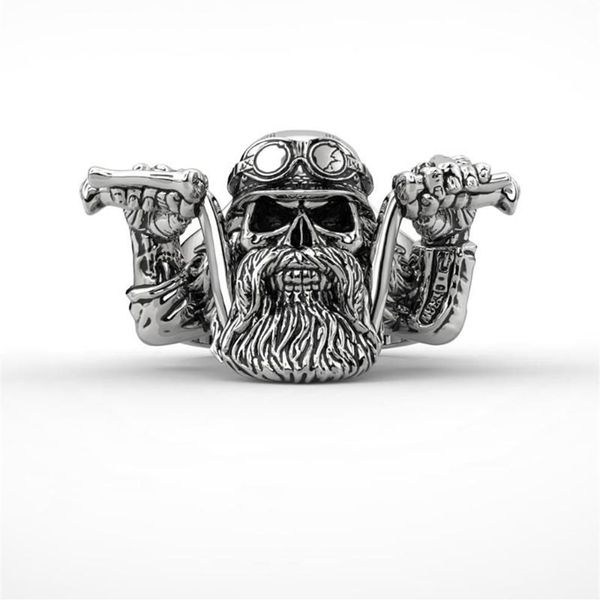 Anillo de calavera con barba punk de acero inoxidable para hombre, anillos de banda para motociclista 285i