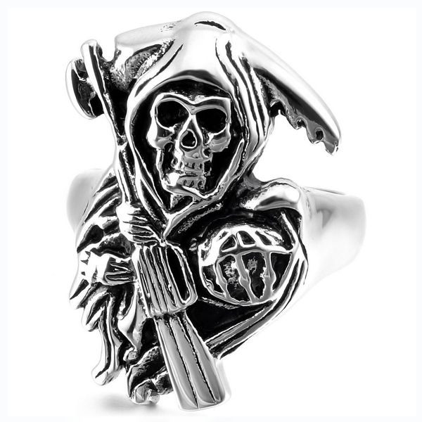 Anillo de acero inoxidable para hombre Vintage Death Grim Reaper Hoz Skull Gun Pistol Casted Band Punk Rock