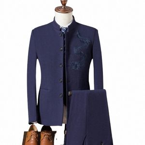 Collar del soporte de los hombres estilo chino boda arrastre tótem bordado traje de 3 piezas conjunto chaqueta chaleco pantalones hombres Dr Blazers abrigo S7GO #
