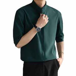 Chemises drapées à col montant pour hommes Vintage Casual Chemises à manches mi-longues pour hommes Loisirs Couleur unie Vêtements de luxe N7Bg #