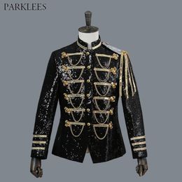Hommes col montant brillant noir Sequin Blazer veste marque simple boutonnage Blazer Masculino fête scène chanteur Costumes 210522