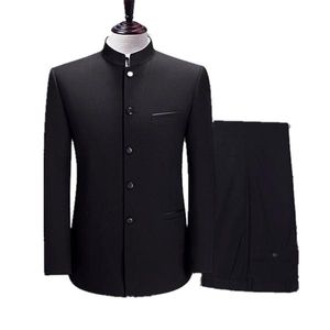 Heren Stand Collar Slim Black Tuniek 4XL XL Tweedelig (Blazers + Broek) Business Chinese Style Suit C1007