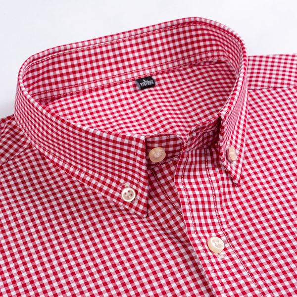 Chemise à carreaux à micro-carreaux à manches longues pour hommes Coupe standard Poche plaquée Mince doux 100% coton Blanc / lignes rouges Chemise à carreaux à carreaux CX200825
