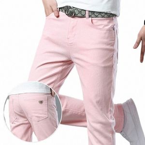 Jeans droits pour hommes Design Fi Denim Pantalons élastiques Slim Straight Coréen Casual Rouge Jaune Rose Jeunesse Party Hip Hop B4ph #