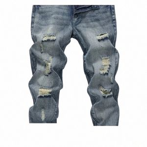 Rechte N-stretch Cott Casual Fi-denimbroek voor heren, Ripped Frayed Bleach W-jeans v8GA #