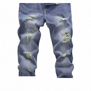 Pantalones de mezclilla rectos N-stretch Cott Casual Fi para hombre Ripped Frayed Bleach W Jeans con bloque de color K7gA #