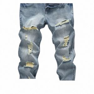 Pantalon en jean droit N-stretch Cott Casual Fi pour hommes déchiré effiloché Bleach W Jeans X0tL #