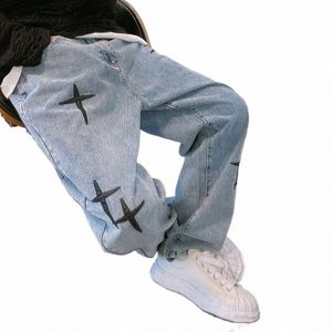 Pantalons droits pour hommes coréens Fi Baggy Jeans Hip Hop Pantalon ample à jambes larges Taille élastique Pantalon en denim étudiant 65Dj #